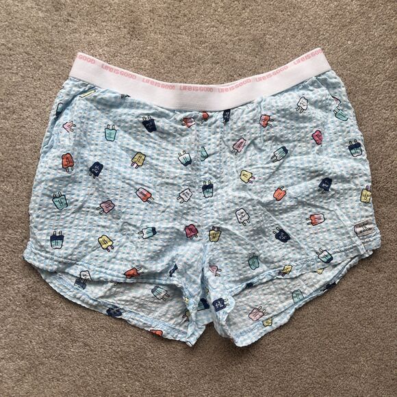 Life is Good Pajama Set Womens Medium Tee and Shorts Blue Seersucker Popsicles - Picture 8 of 12